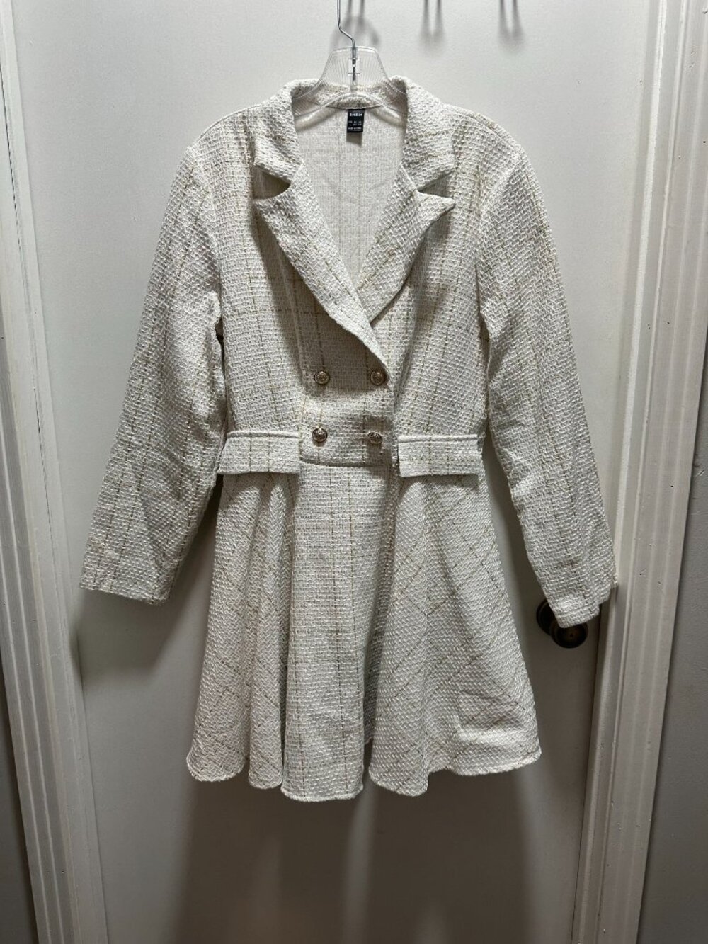 Long Sleeve Collared White Button Up Trench Coat Dress w/ Gold Patterns
